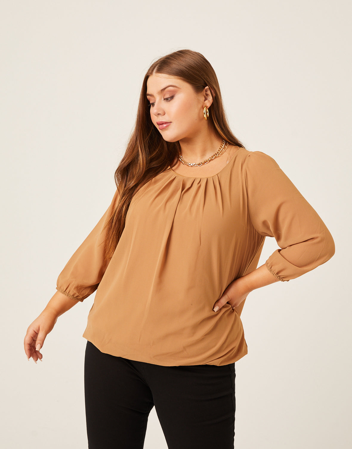 Plus Size - Chiffon Blouse Pleated Back Long Sleeve Asymmetric Loose Shirt  (US 8 - 20W)