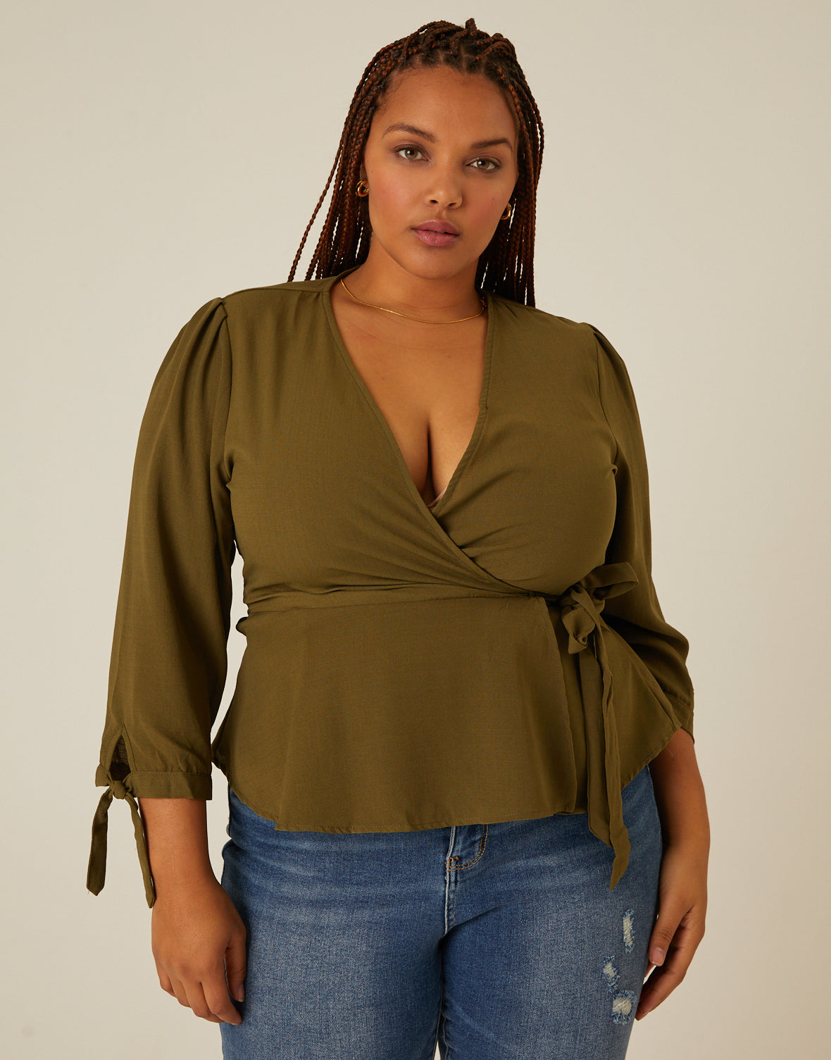 Green Wrap Top 3/4 Sleeve, 56% OFF