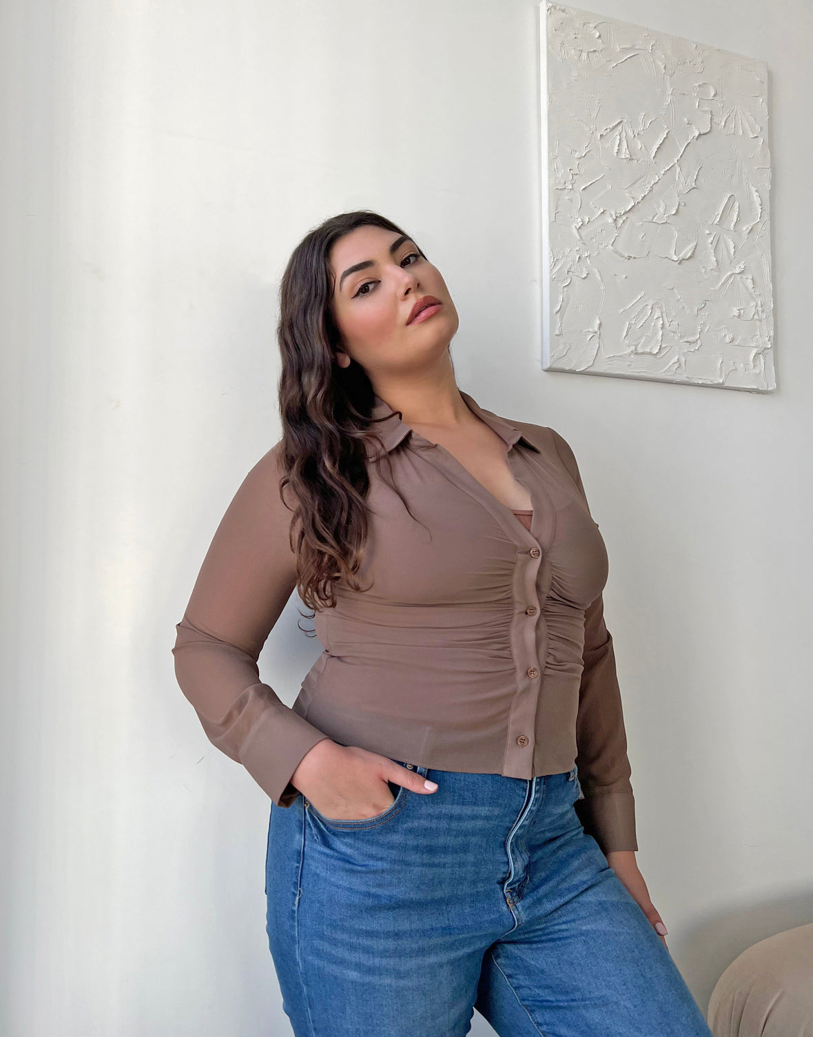 Plus Size Sheer Ribbed Button Up Shirt – 2020AVE