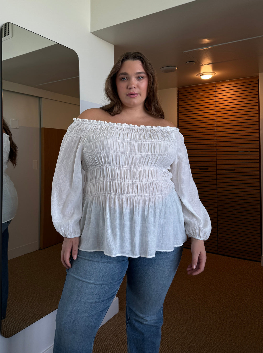 Plus size off the shoulder white shirt hotsell