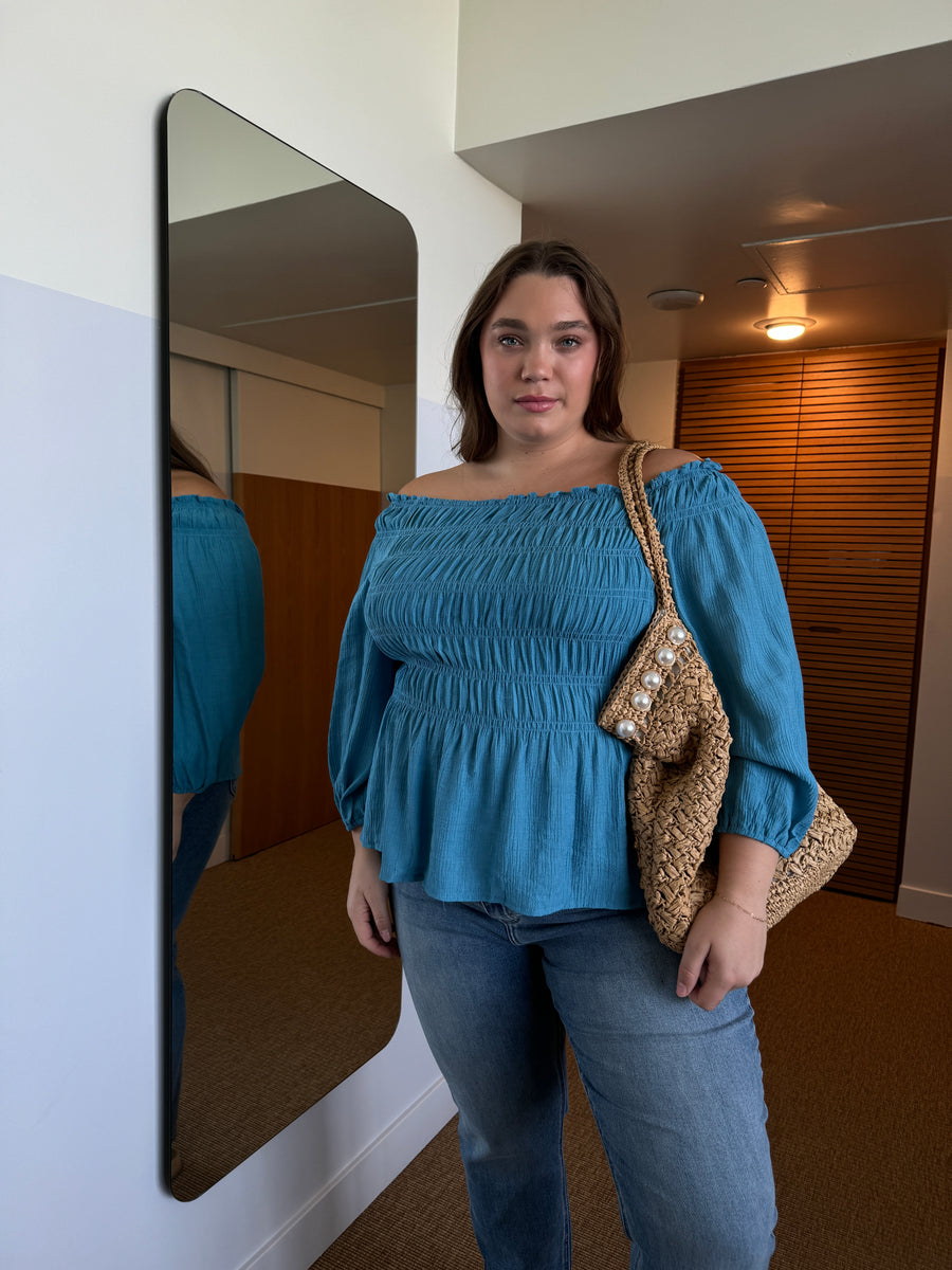 Plus Size Off The Shoulder Boho Top - Turquoise