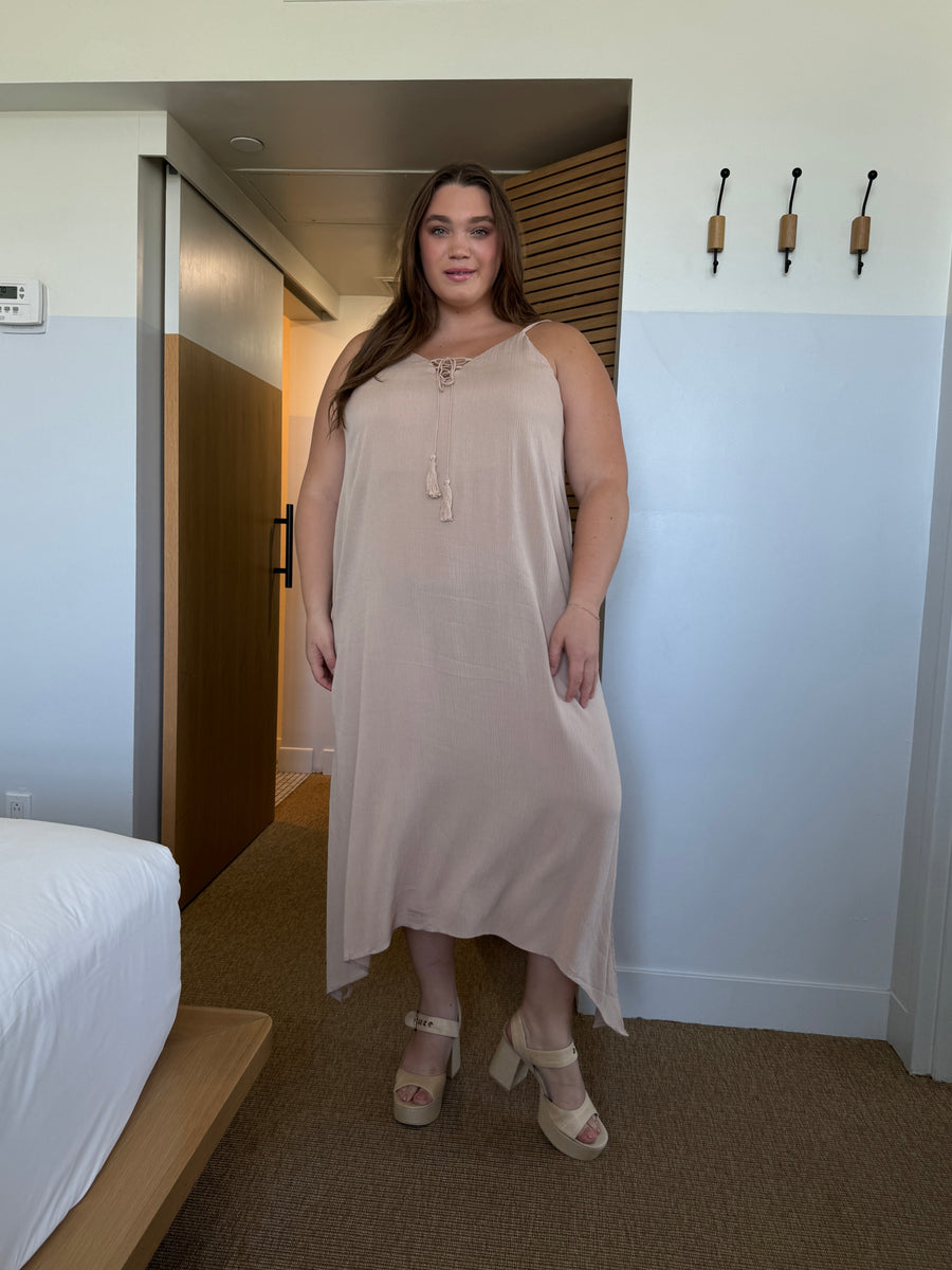 Plus Size Tassel Tie Strap Midi Dress Taupe