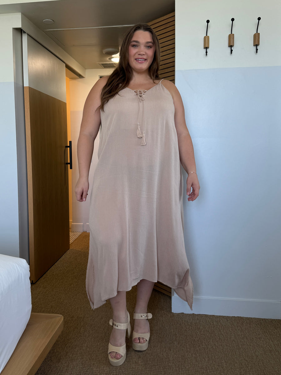 Plus Size Tassel Tie Strap Midi Dress Taupe