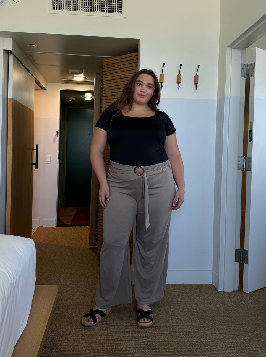 Plus Size Belted Wide Leg Pants - Taupe Wide Leg Pants