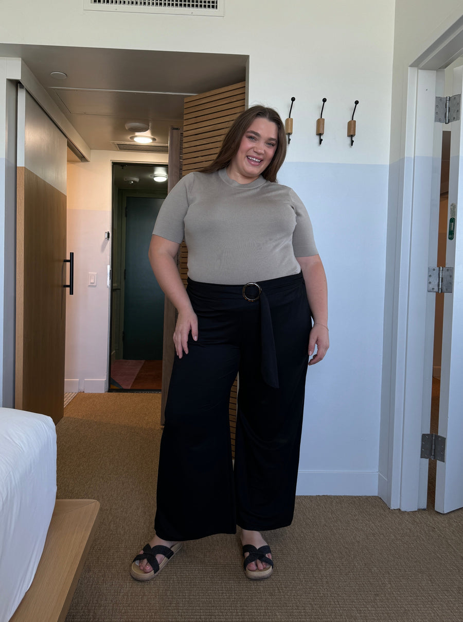 Plus Size Belted Wide Leg Pants - Black Wide Leg Pants