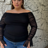 Plus Size Drapey Ruched Mesh Sleeve Top Black