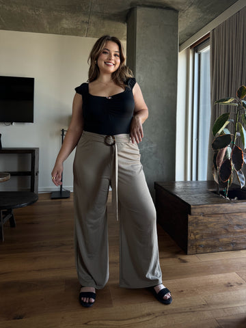Plus Size Belted Wide Leg Pants - Taupe