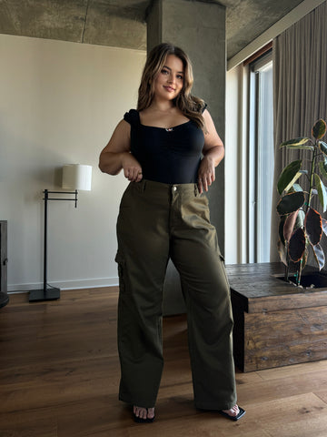 Plus Size Baggy Stretch Cargo Pants - Olive