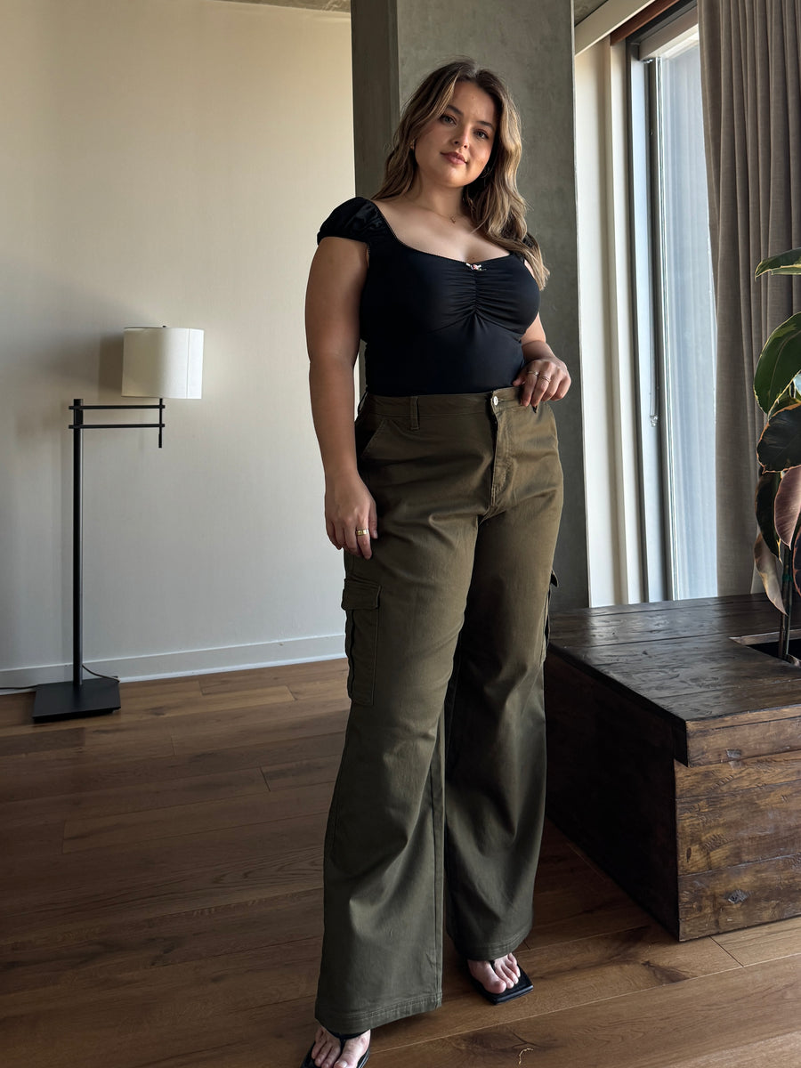 Plus Size Baggy Stretch Cargo Pants - Olive