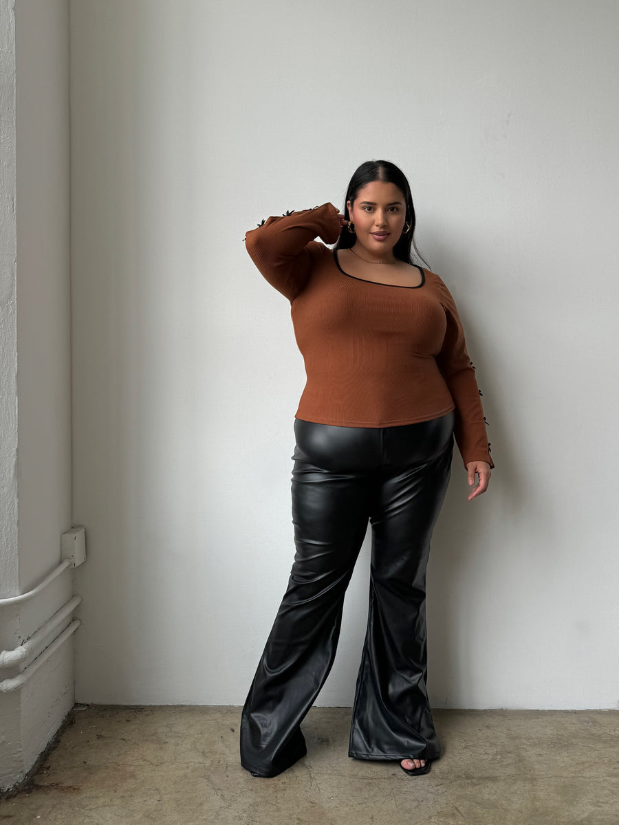 Plus Size Bow Detail Ribbed Long Sleeve Top Plus Size Tops -2020AVE