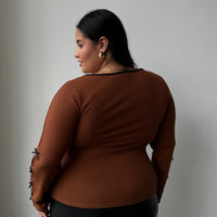 Plus Size Bow Detail Ribbed Long Sleeve Top Plus Size Tops -2020AVE