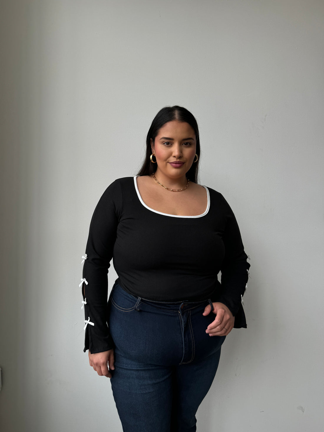 Plus Size Bow Detail Ribbed Long Sleeve Top Plus Size Tops -2020AVE