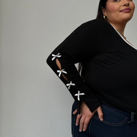 Plus Size Bow Detail Ribbed Long Sleeve Top Plus Size Tops -2020AVE