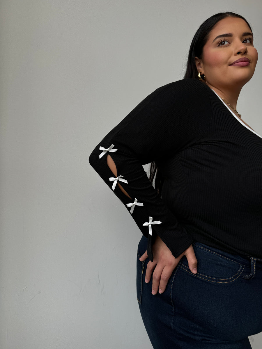 Plus Size Bow Detail Ribbed Long Sleeve Top Plus Size Tops -2020AVE