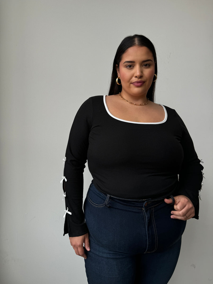 Plus Size Bow Detail Ribbed Long Sleeve Top Plus Size Tops -2020AVE