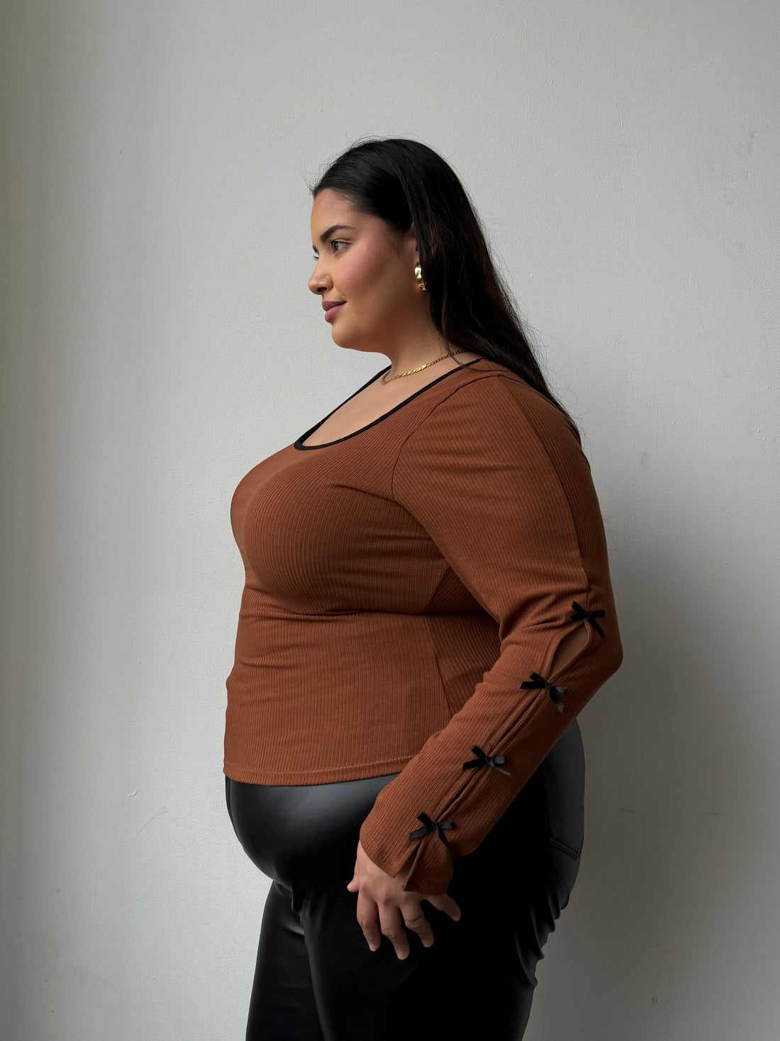 Plus Size Bow Detail Ribbed Long Sleeve Top Plus Size Tops -2020AVE