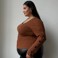 Plus Size Bow Detail Ribbed Long Sleeve Top Plus Size Tops -2020AVE