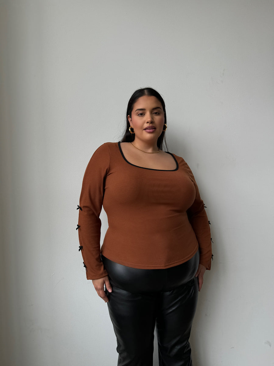 Plus Size Bow Detail Ribbed Long Sleeve Top Plus Size Tops -2020AVE