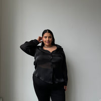 Plus Size Button Front Sheen Blouse - Black