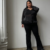 Plus Size Button Front Sheen Blouse - Black