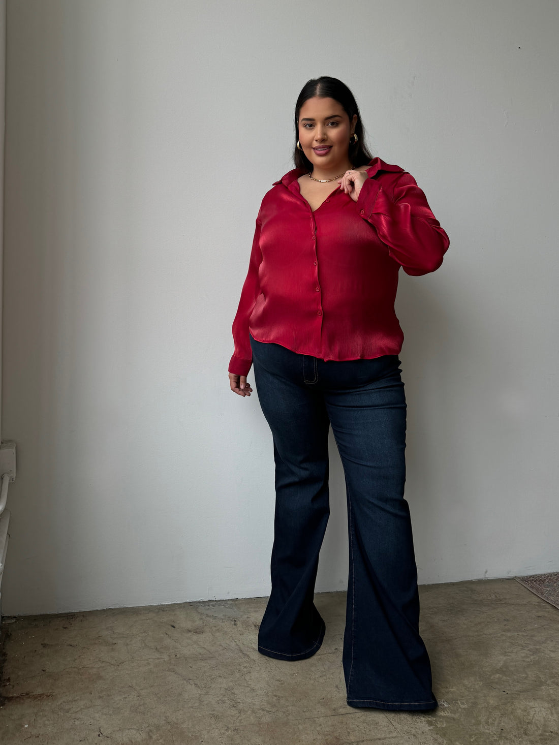 Plus Size Button Front Sheen Blouse - Red