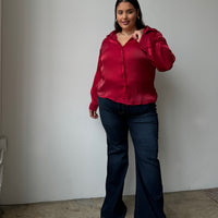 Plus Size Button Front Sheen Blouse - Red