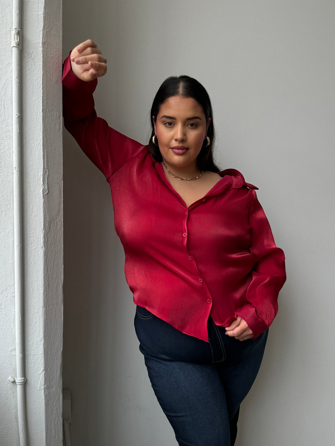 Plus Size Button Front Sheen Blouse - Red