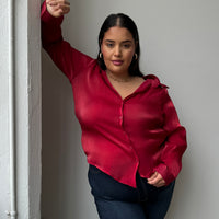 Plus Size Button Front Sheen Blouse - Red