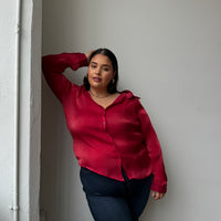 Plus Size Button Front Sheen Blouse - Red