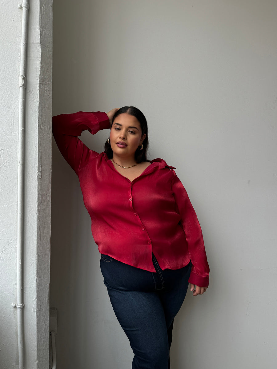 Plus Size Button Front Sheen Blouse - Red