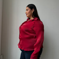 Plus Size Button Front Sheen Blouse - Red