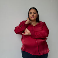 Plus Size Button Front Sheen Blouse - Red