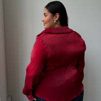 Plus Size Button Front Sheen Blouse - Red