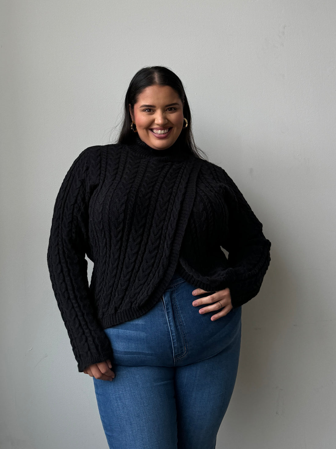 Plus Size Cable Knit Turtleneck Sweater Black