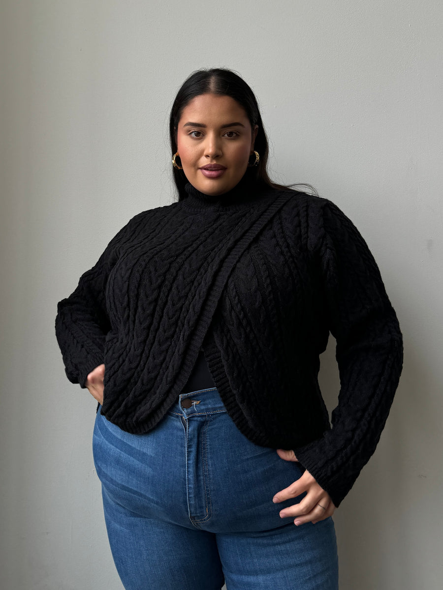 Plus Size Cable Knit Turtleneck Sweater Black