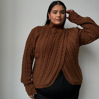 Plus Size Cable Knit Turtleneck Sweater Brown