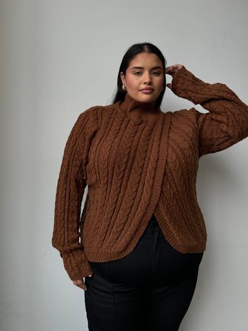 Plus Size Cable Knit Turtleneck Sweater Brown