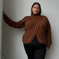 Plus Size Cable Knit Turtleneck Sweater Brown