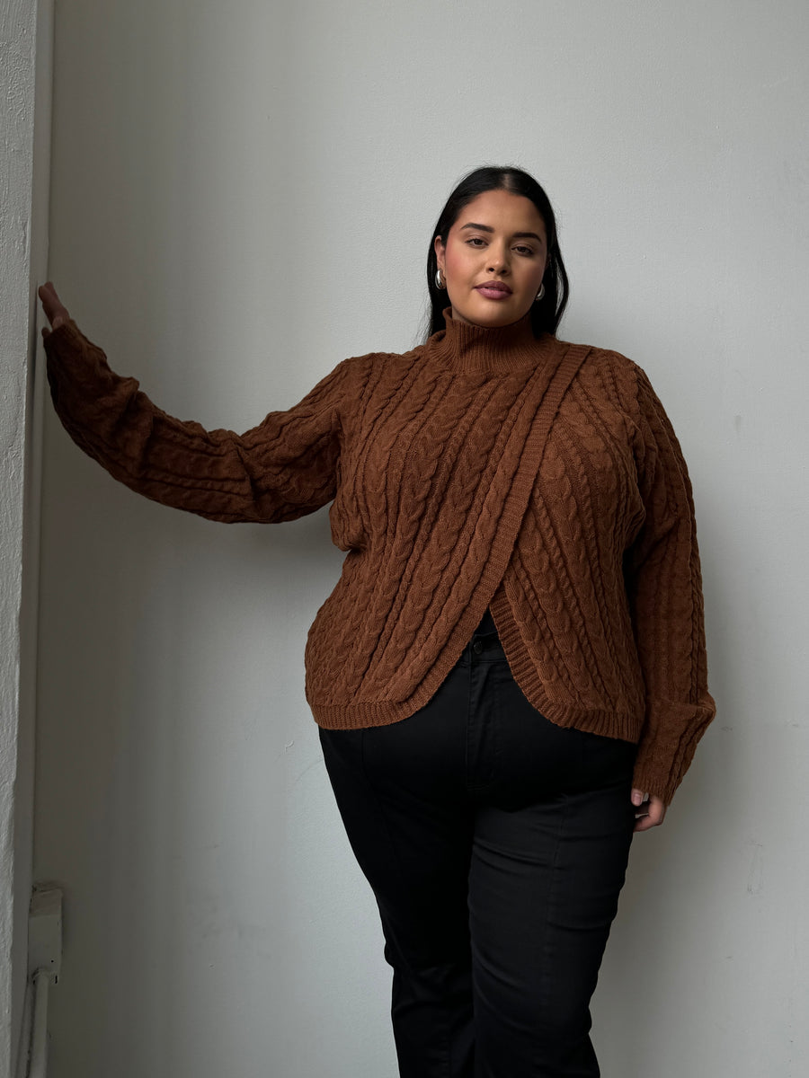 Plus Size Cable Knit Turtleneck Sweater Brown