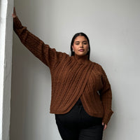 Plus Size Cable Knit Turtleneck Sweater Brown