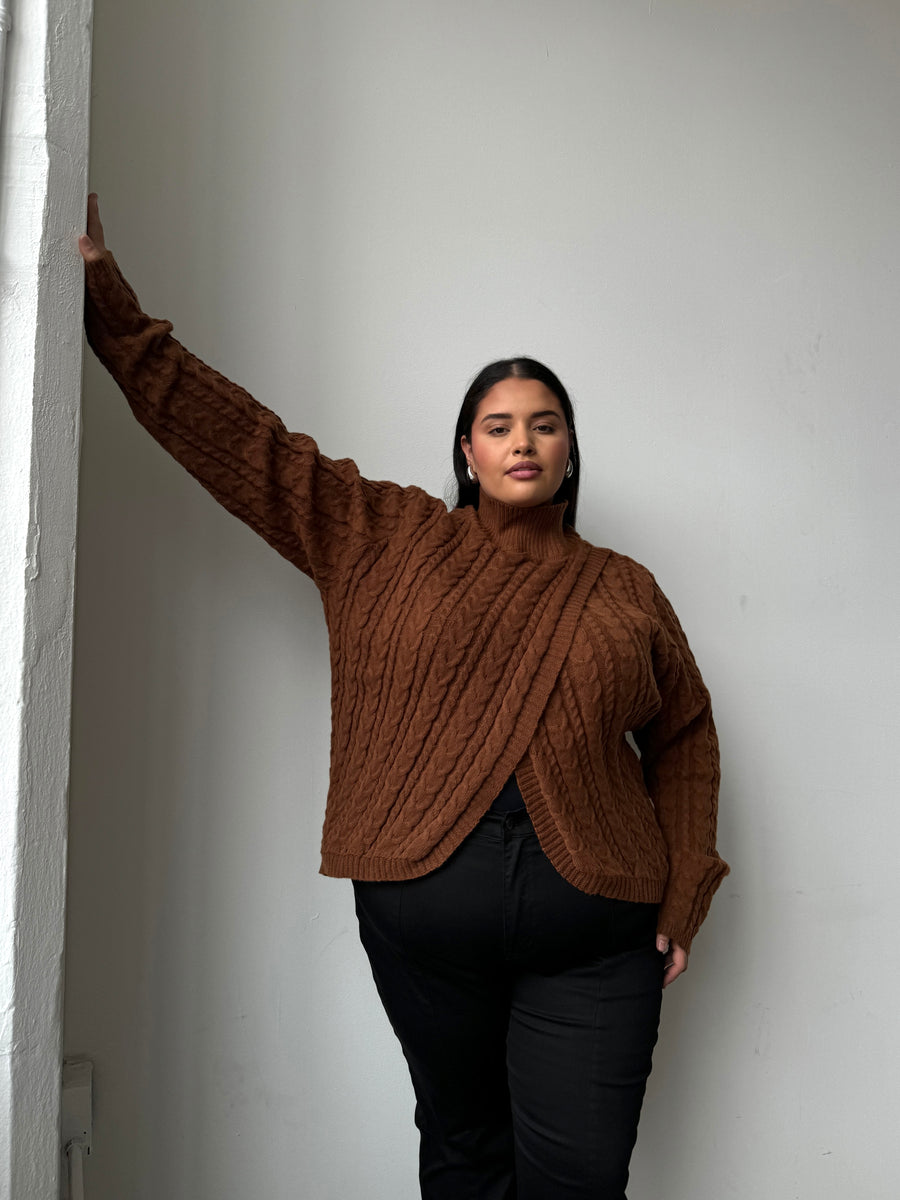 Plus Size Cable Knit Turtleneck Sweater Brown