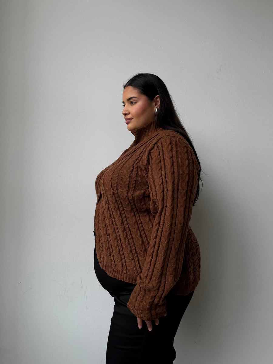 Plus Size Cable Knit Turtleneck Sweater Brown