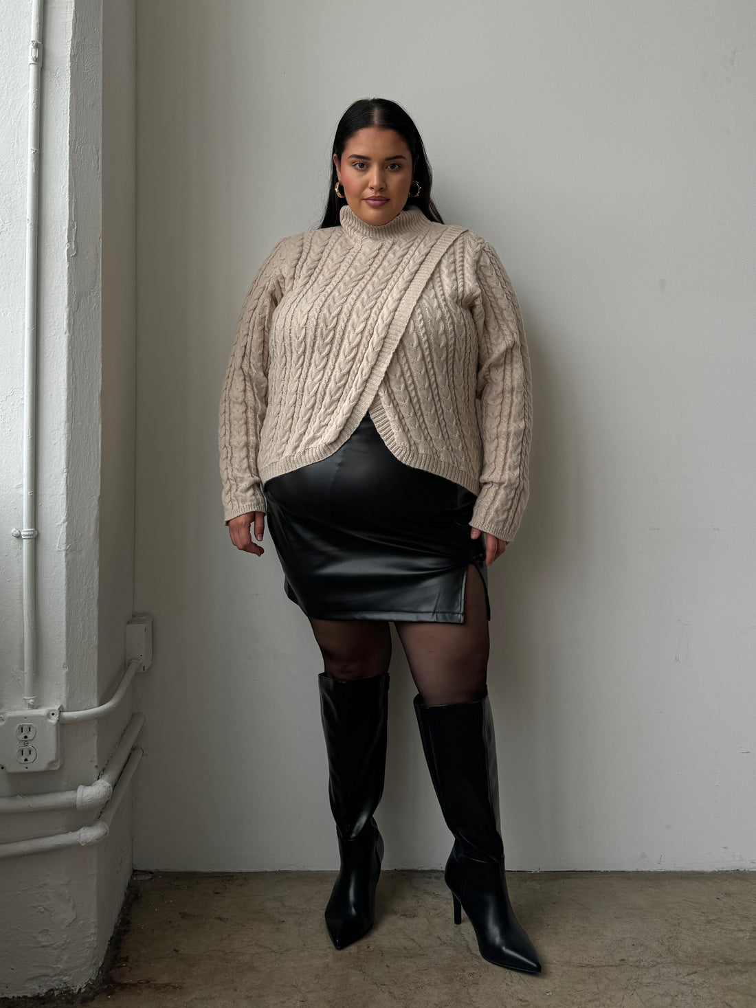 Plus Size Cable Knit Turtleneck Sweater Taupe