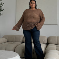 Plus Size Crochet Knit Top Plus Size Tops Brown 1XL -2020AVE