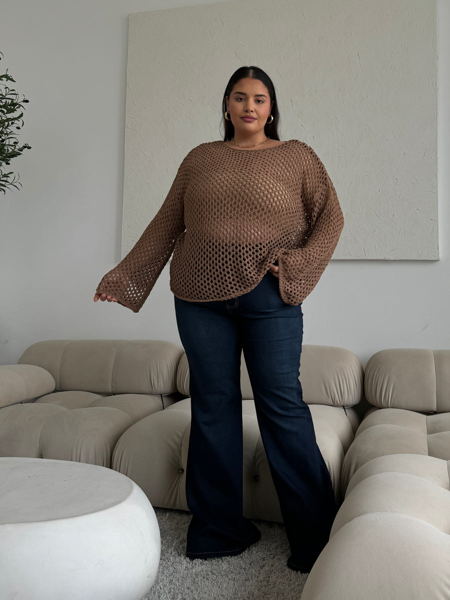 Plus Size Crochet Knit Top Plus Size Tops Brown 1XL -2020AVE