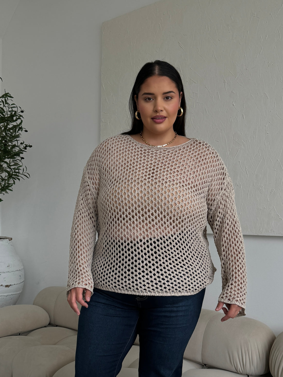 Plus Size Crochet Knit Top Plus Size Tops Taupe 1XL -2020AVE