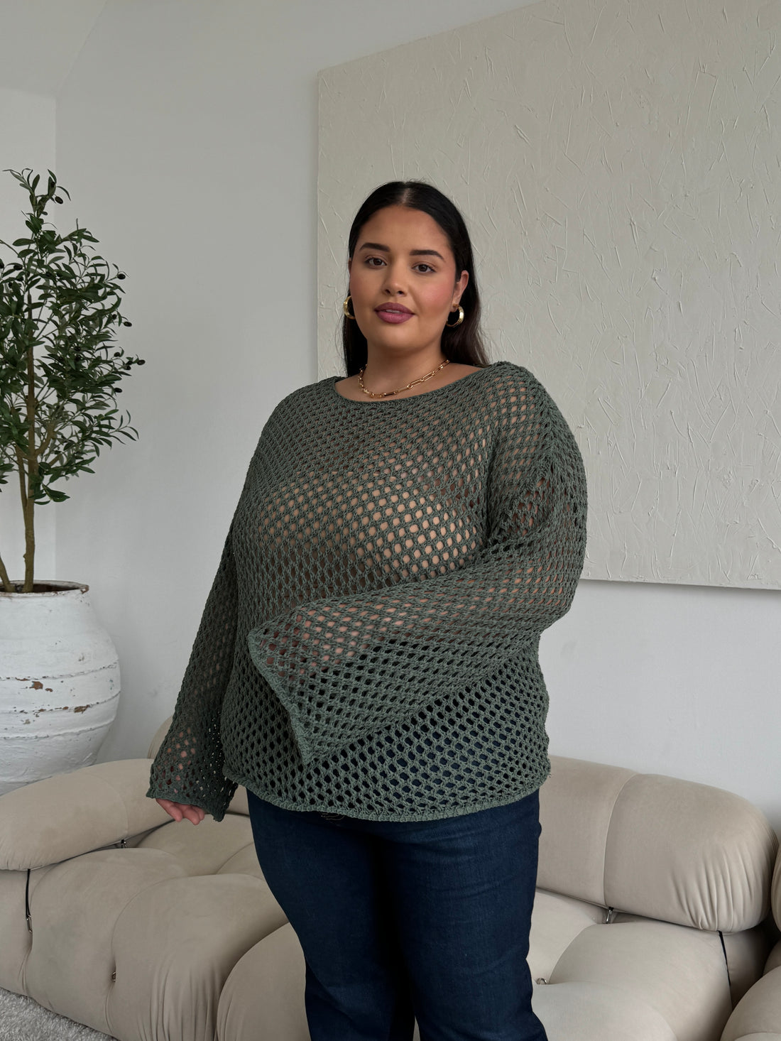 Plus Size Crochet Knit Top Plus Size Tops Olive 1XL -2020AVE