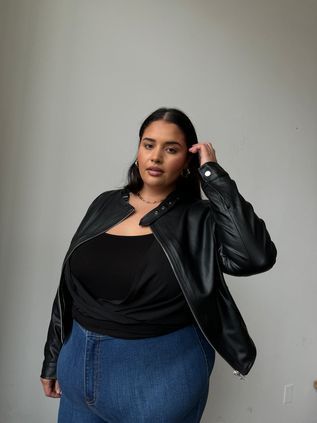 Off shoulder leather jacket plus size best sale