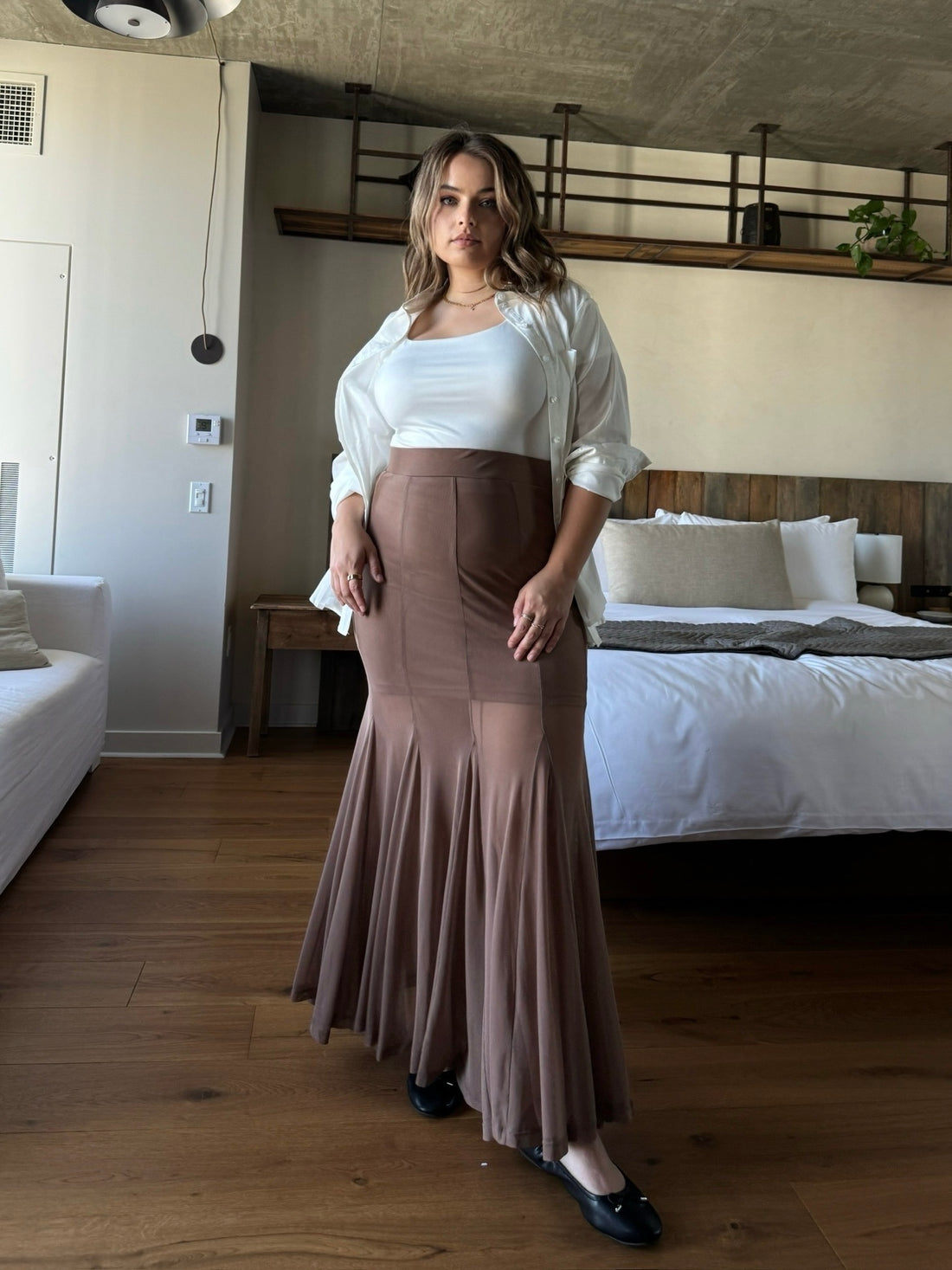 Plus Size Fishtail Maxi Skirt - Brown