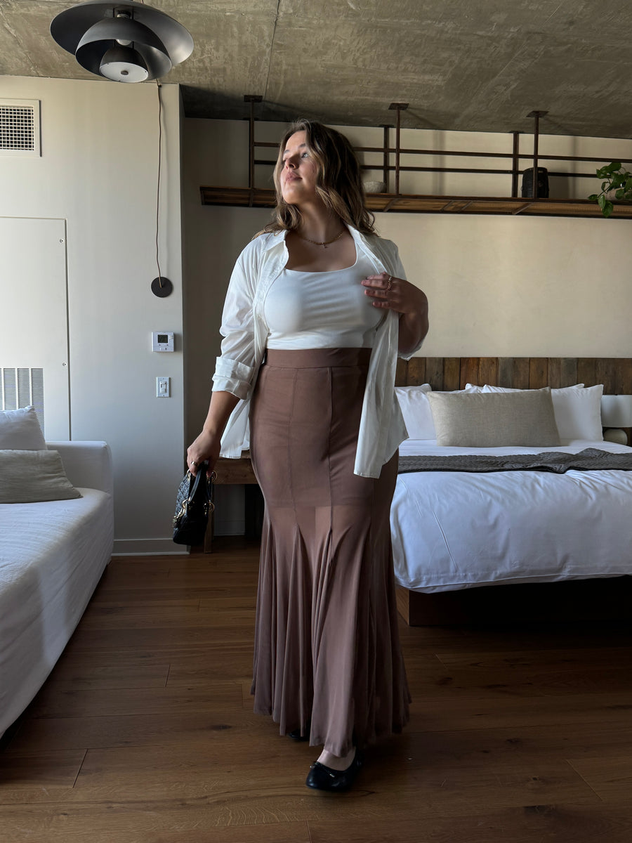 Plus Size Fishtail Maxi Skirt - Brown